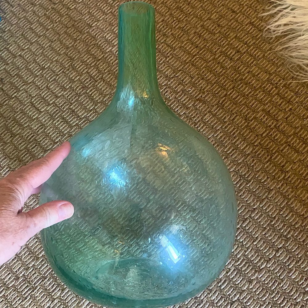 Blown glass vase- blue green w bubbles. Approx 16” tall  Nice coastal modern